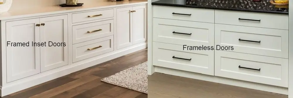 Side-by-side comparison of framed inset and frameless cabinets by Homestead Woodworks, showcasing the design differences for kitchen cabinetry